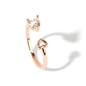 Minimalist rose gold open ring with heart-cut cubic zirconia and hollow heart design