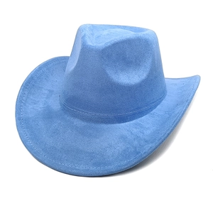 Detail of light blue faux suede cowboy hat showing wide brim and felt texture