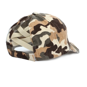 Detail of camouflage ponytail baseball cap featuring elastic cross bands for messy buns