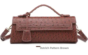 Close-up detail of the brown ostrich pattern texture and stitching on the baguette bag