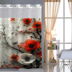 Detail view of floral digital print shower curtain with reinforced metal eyelets