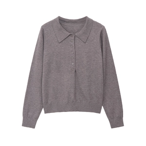 Maglione polo casual da donna grigio scuro a maniche lunghe con colletto a bottoni
