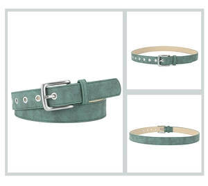 Detail view of green faux suede belt with silver rectangle buckle and metal eyelets
