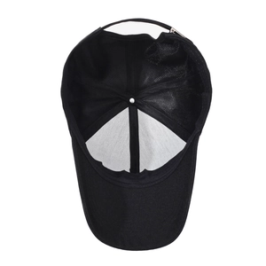 Internal view of black baseball cap for elderly men showing stitching and adjustable strap