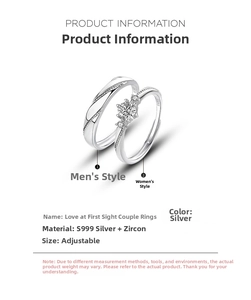 Detailed view of S999 silver couple rings with adjustable bands and zircon stones