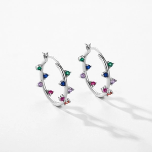 S925 sterling silver hoop earrings with vibrant multi-colored cubic zirconia stones