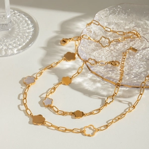 18k gold plated stainless steel layered flower necklace with mother of pearl inlays