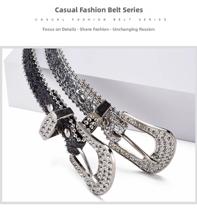 Close-up of Y2K rhinestone belts with western horseshoe buckles and silver studs