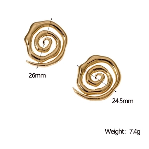 Detail showing 26mm gold plated spiral earrings with weight and size measurements