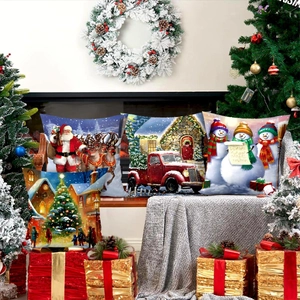 Christmas Pillowcases Polyester Cartoon Santa Snowman Printed Cushion Covers For Holiday Sofa Couch Winter Home Decoration