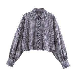 Chemise Manches Longues À Carreaux Gingham Texture Seersucker Manches Ballon Ourlet Élastique Col Revers Blouse Pour Femmes