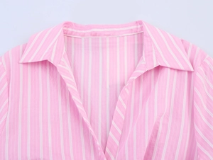 Close-up of classic lapel and deep V-neckline on pink and white striped shirt dress