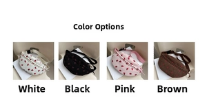 Corduroy shoulder bag color options including white black pink and brown with strawberry patterns