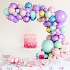 Macaron mermaid balloon arch kit with pink and purple pastel balloons for party decor