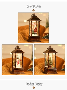 Detailed views of vintage bronze Christmas lanterns with Santa, Snowman and Tree motifs