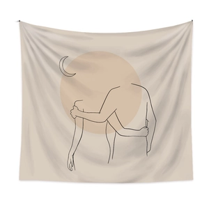 Minimalist bohemian wall tapestry with abstract line art embrace and earthy sun design