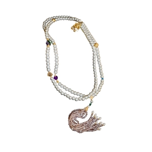 Dual-layer gold-plated lotus pearl body chain with champagne tassel and purple beads