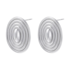 Detailed macro view of silver oval stud earrings featuring concentric textured line patterns
