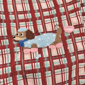 Close-up of vintage plaid tote bag with cute 3D puppy towel embroidery and nice lettering