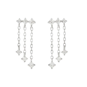 S925 silver fringe drop earrings with sparkling zircon stones and delicate long chain tassels