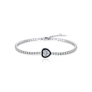 Sparkling S925 sterling silver tennis bracelet with black enamel heart charm and clear stone