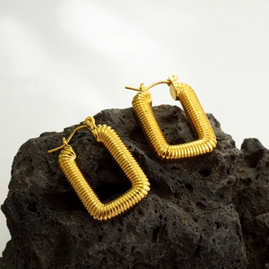 Exaggerated 18K gold plated stainless steel rectangle hoop earrings with textured spiral design