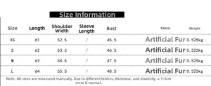 Size chart for women faux fur vest with length, shoulder, and bust measurements