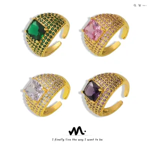 Detailed view of four colors square stone rings with pavé setting in 18K gold plating