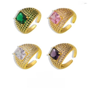 Detailed view of four colors square stone rings with pavé setting in 18K gold plating