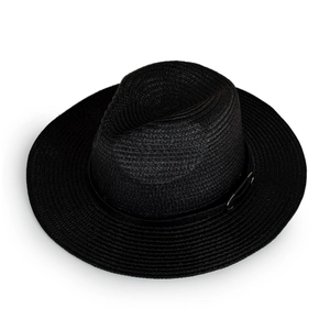 Detailed view of black straw fedora showing fine spiral weave and leather band with buckle