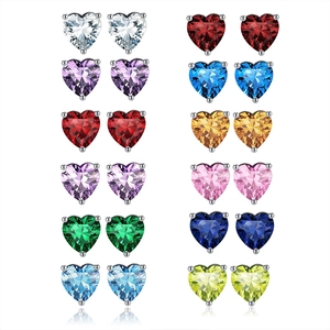 Set of 12 pairs of colorful heart-shaped cubic zirconia stud earrings for women