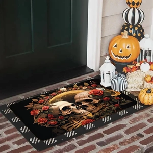 Detailed view of Halloween bath mat with skull and red roses on brick stairs