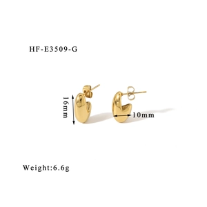 Detail view of gold geometric hoop earrings with 16mm height and 10mm width measurements