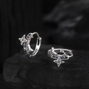 Retro S925 sterling silver star hoop earrings with colorful cubic zirconia stones