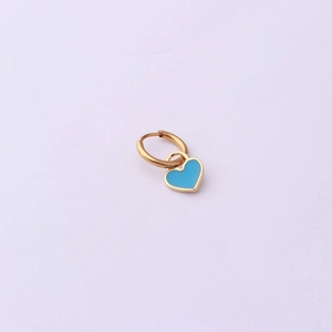 Detail of a gold-plated hoop earring featuring a light blue enamel heart-shaped pendant