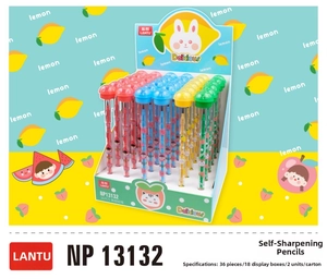 Detail view of 36-count multi-colored no-sharpening pencils with cute cartoon patterns