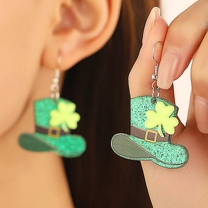 St Patricks Day Shamrock Clover Earrings For Women Leprechaun Hat Beer Mug Gnome Glitter Drop Earrings Holiday Party Jewelry