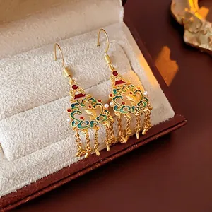 Boucles D Oreilles Pendantes Style Chinois Creux Poisson Ruyi Nuage Avec Émail Et Gland En Imitation Künstliche Perle Ton Or
