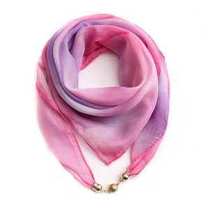 Detail of purple gradient chiffon scarf with gold magnetic ball clasp closure