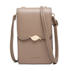 Close-up of khaki PU leather phone bag featuring a golden leaf buckle and fine stitching