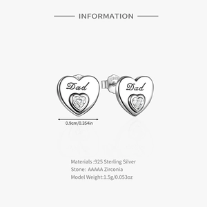 Macro detail of MOM heart stud earring with AAAAA zirconia and Dad engraving details