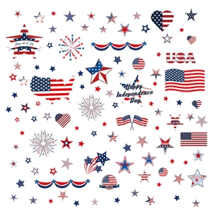 USA Independence Day window decals featuring flag hearts and fireworks on white background