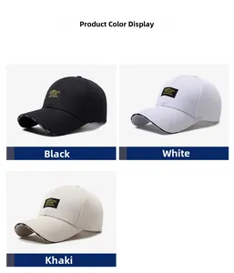 Detailed views of cotton baseball caps with embroidered patches in black, white, and khaki