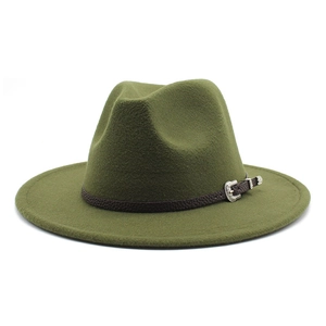 Detailed view of the olive green felt fedora hat featuring a leather band and buckle