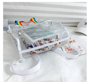 Detail of transparent PVC backpack with rainbow handle and white mesh side pockets