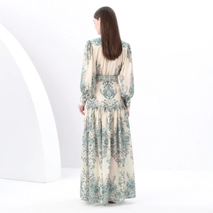 Retro paisley print maxi dress with lantern sleeves and stand collar for spring 2025