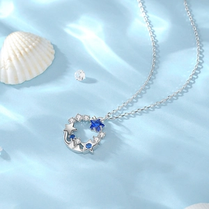 S925 sterling silver ocean starry sky necklace with blue star and zircon round pendant