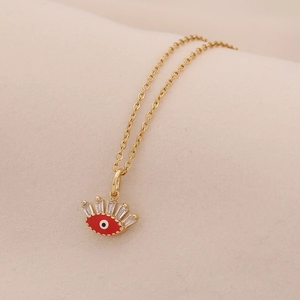 Collana in acciaio inossidabile dorato con ciondolo malocchio in smalto rosso