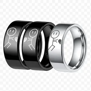 Polished titanium steel couple ring set with engraved Her Forever and stick figures
