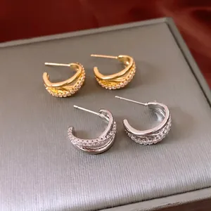 Cross C-Shape Stud Earrings With 925 Sterling Silver Earring Post Copper Real Gold Plated Zircon Geometric For Women